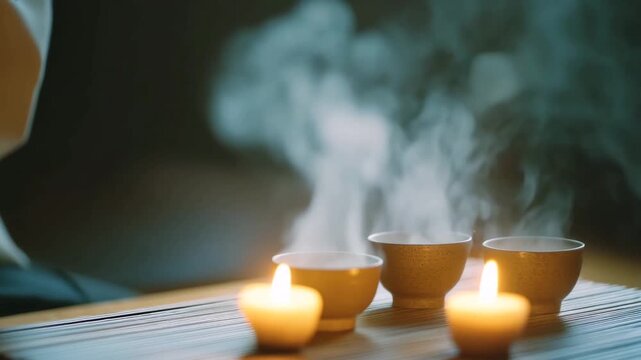 Immersive cinematic close-up of traditional tea ceremony with steaming tea bowl in warm candlelight &ndash; slow motion circular camera movement for International Tea Day, World Cultural Diversity Day