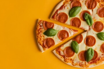 Pepperoni pizza slice italian food yellow background