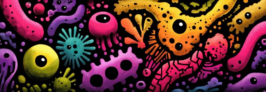 Vibrant Microbial World A Colorful Illustration of Microscopic Life - Powered by Adobe