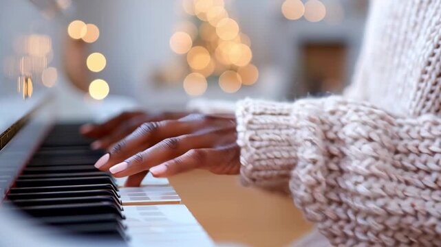 Cozy hand with soft pink nails playing piano keyboard in warm knitted sweater surrounded by blurred festive lights creating peaceful intimate music atmosphere for enjoyment