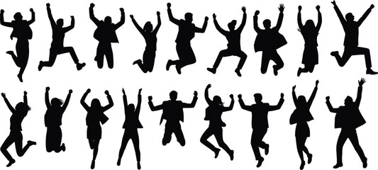 Group of people jumping, business success, celebration, energetic pose, silhouette team, achievement, motivation, teamwork, joy, flat design illustration