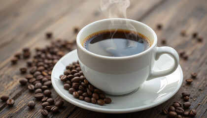 Hot Black Coffee in White Cup with Coffee Beans on Wooden Table