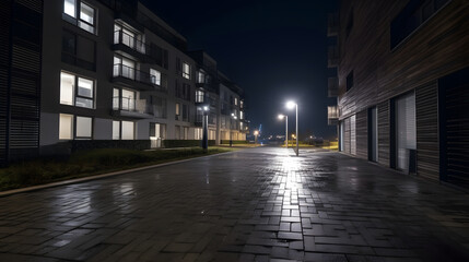 Fototapeta premium Ground-level view of city center with streetlights and clouds