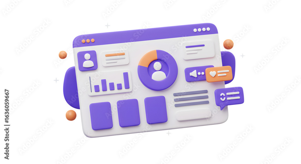 Poster 3d digital dashboard interface with charts and graphs isolated on transparent background
