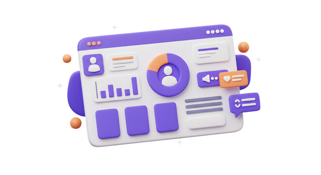 3d digital dashboard interface with charts and graphs isolated on transparent background