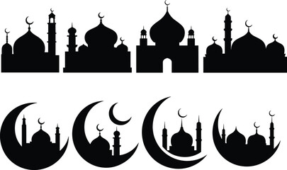 Islamic mosque silhouettes, crescent moon design, Ramadan background, Eid celebration vector, Arabic architecture, religious skyline, Islamic art decoration, flat style