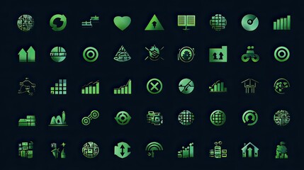 Green Icons Set Representing Data, Growth, Analytics, and Technology