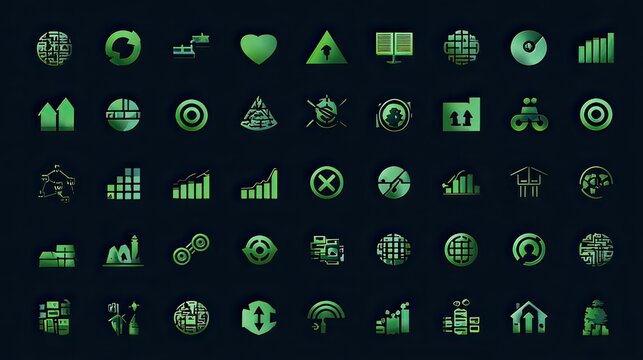 Green Icons Set Representing Data, Growth, Analytics, and Technology