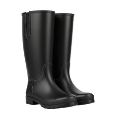 Black rubber boots with stitching on transparent background