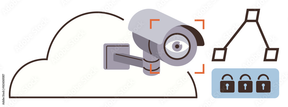 Poster security camera connected to cloud with data links and lock icons representing safety, connectivity,