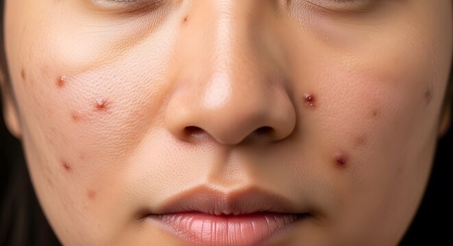 Close-up of a person's face with acne, highlighting skin imperfections and the effects of breakouts