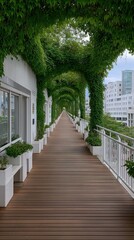 Green Vine Covered Pedestrian Bridge Walkway