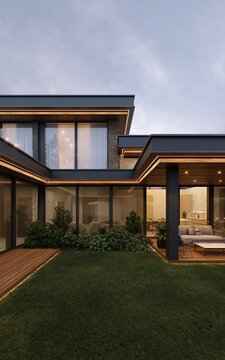 3D visualization of a modern house with an inner courtyard