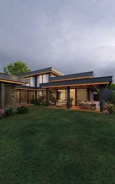 3D visualization of a modern house with an inner courtyard