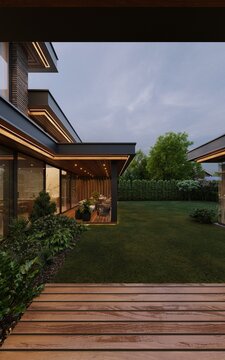 3D visualization of a modern house with an inner courtyard