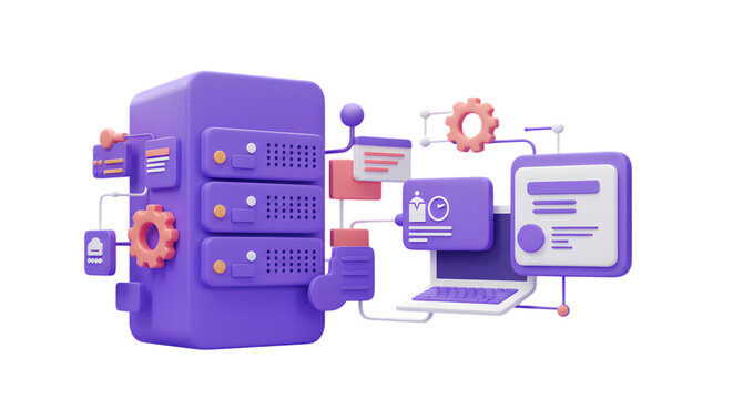 Modern 3d server rack with network connections and laptop isolated on transparent background