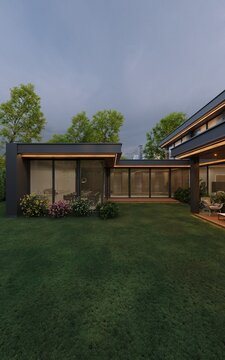 3D visualization of a modern house with an inner courtyard