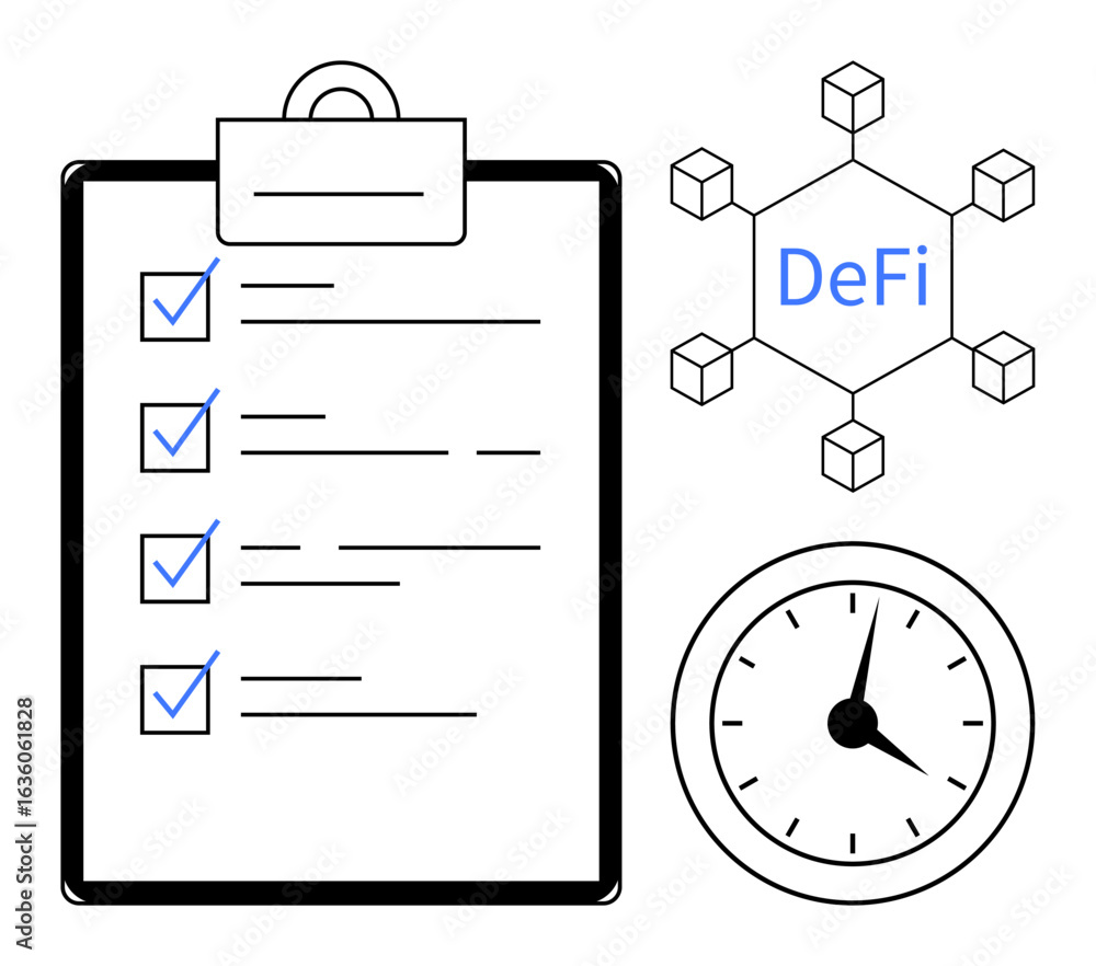 Poster minimalistic clipboard checklist, clock symbolizing time management, and geometric blockchain networ
