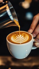 Artisan Barista Crafting Beautiful Latte Art in a Cozy Modern Cafe with Freshly Brewed Coffee