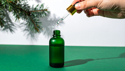 Golden Dropper Releasing Droplet into Open Green Bottle