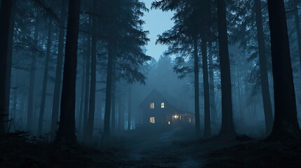 Mysterious distant house with dim warm lights surrounded by dark trees in a foggy forest at night, eerie and cinematic atmosphere, perfect for Halloween, horror stories, or thriller design backgrounds
