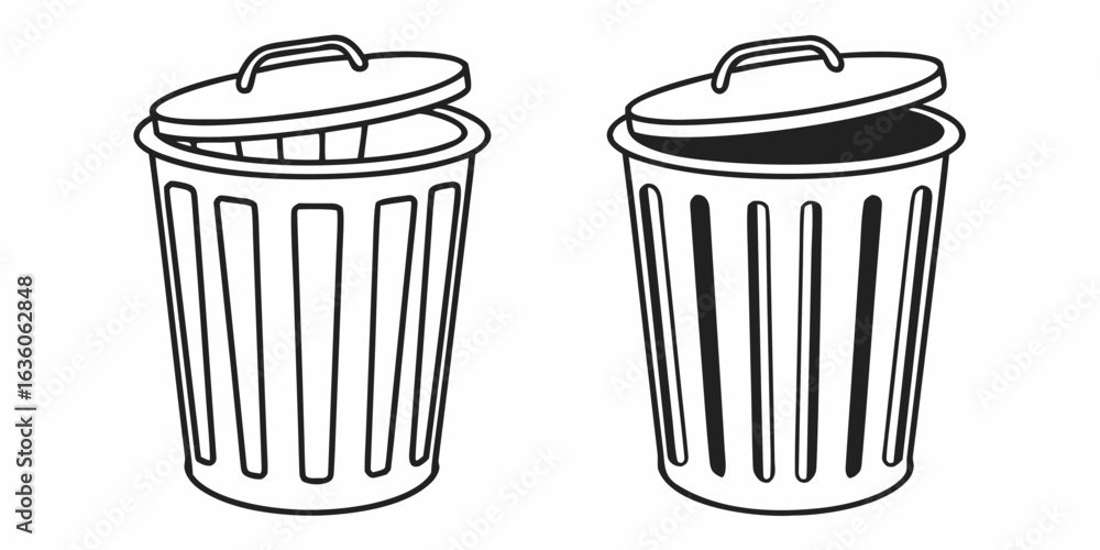 Poster two trash cans with lids slightly open one in outline and the other in solid black and white style