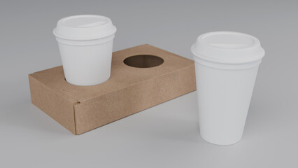 3d rendered coffee cup mockup with white disposable cups and brown cardboard carrier on gray...
