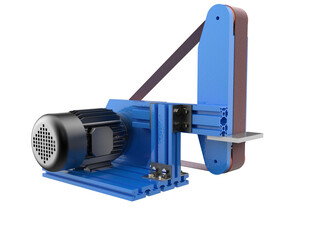 Professional Workshop Equipment: Heavy-Duty Abrasive Finishing Tool, Blue Industrial Belt Sander for Metal Fabrication and Wood Shaping – Clean, Isolated PNG Cutout for E-commerce and Design Projects.