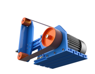A modern industrial belt grinder featuring a blue frame, orange pulleys, and an abrasive belt driven by an electric motor, depicted in high detail on a PNG Transparent HD Background for various