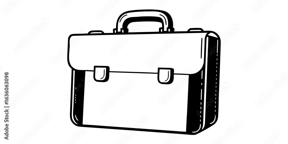 Poster a black and white drawing of a briefcase with a handle and two clasps in a simple line art style
