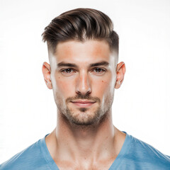 Obraz premium Handsome Man in Blue: A portrait of a handsome man, radiating confidence and charisma, the lighting highlights his features and well-groomed hair, presenting a visual feast of modern masculinity.