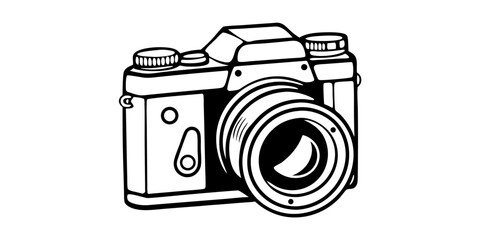 Illustration of a vintage style camera with a prominent lens and adjustment knobs on top side