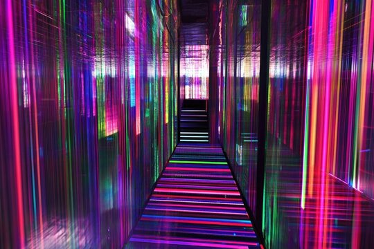 A vibrant, neon-lit corridor with multicolored vertical stripes lining the walls and a rainbow-hued striped floor leading to a staircase at the far end.
