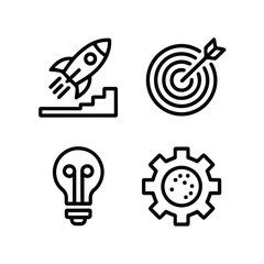 Fototapeta premium Line art icons depicting a rocket on steps, target, lightbulb, and gear, all in a simple black outline style