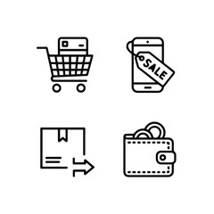Icons depicting online shopping with a cart, phone sale, package delivery, and wallet with money