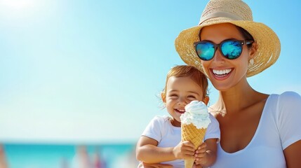 Mother and daughter share ice cream on a sunny beach day, smiling.
