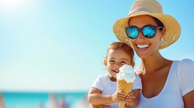 Mother and daughter share ice cream on a sunny beach day, smiling.