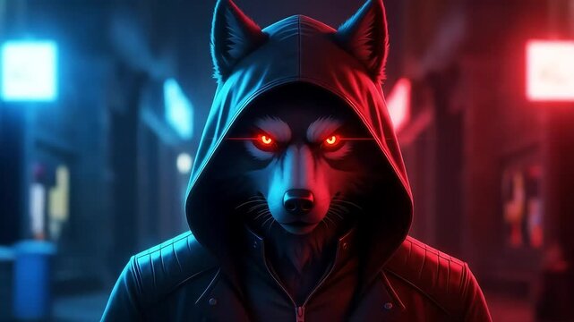Dark Furred Wolf-Like Creature Glowing Red Eyes Night City