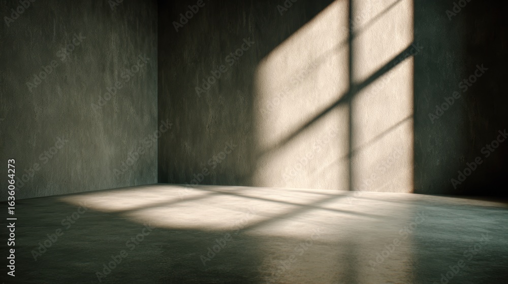 Aufkleber a serene, empty room with soft light streaming through large windows, casting shadows on the texture