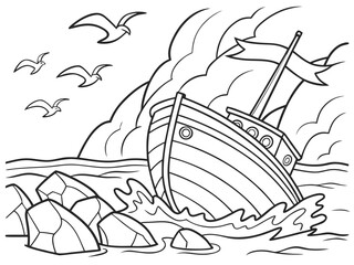 Cartoon shipwreck scene with rocks waves birds and cloudy sky