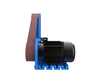A modern industrial belt grinder featuring a blue frame, orange pulleys, and an abrasive belt driven by an electric motor, depicted in high detail on a PNG Transparent HD Background for various