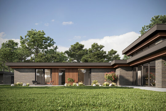 3D visualization of a modern house with an inner courtyard