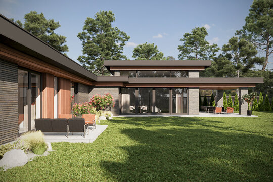 3D visualization of a modern house with an inner courtyard