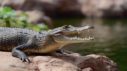 Obraz premium Angry Alligator: A formidable alligator rests on a rocky outcrop with its jaws wide open near the water's edge, displaying its sharp teeth and capturing an intense moment of wildlife.