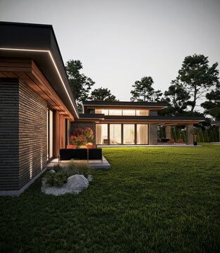 3D visualization of a modern house with an inner courtyard