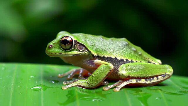 Green Tree Frog on Leaf, Close-Up