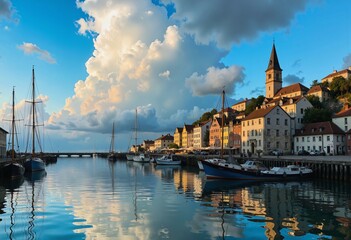 Fototapeta premium A picturesque harbor town bathed in the soft glow of early morning light, with colorful buildings lining the waterfront and boats gently moored in the calm waters below