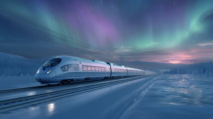 Sleek high-speed train journeying through a frozen wilderness under a vibrant aurora sleek train
