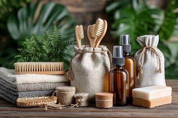 Eco-friendly bathroom essentials arranged on a wooden surface, showcasing sustainable and natural products for a conscious lifestyle.