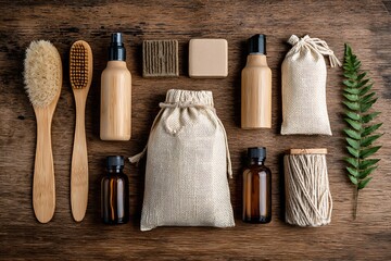 Eco-friendly bathroom essentials arranged on a wooden surface, promoting sustainability and natural skincare.